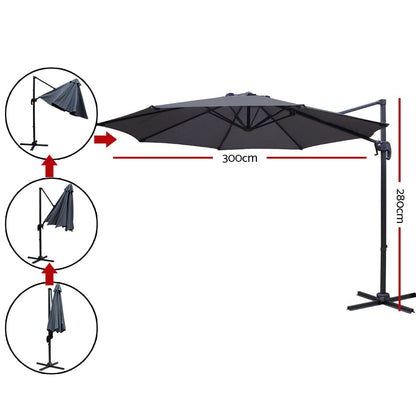 Instahut 3m Outdoor Umbrella Cantilever 360 Degree Tilt Beach Roma Charcoal