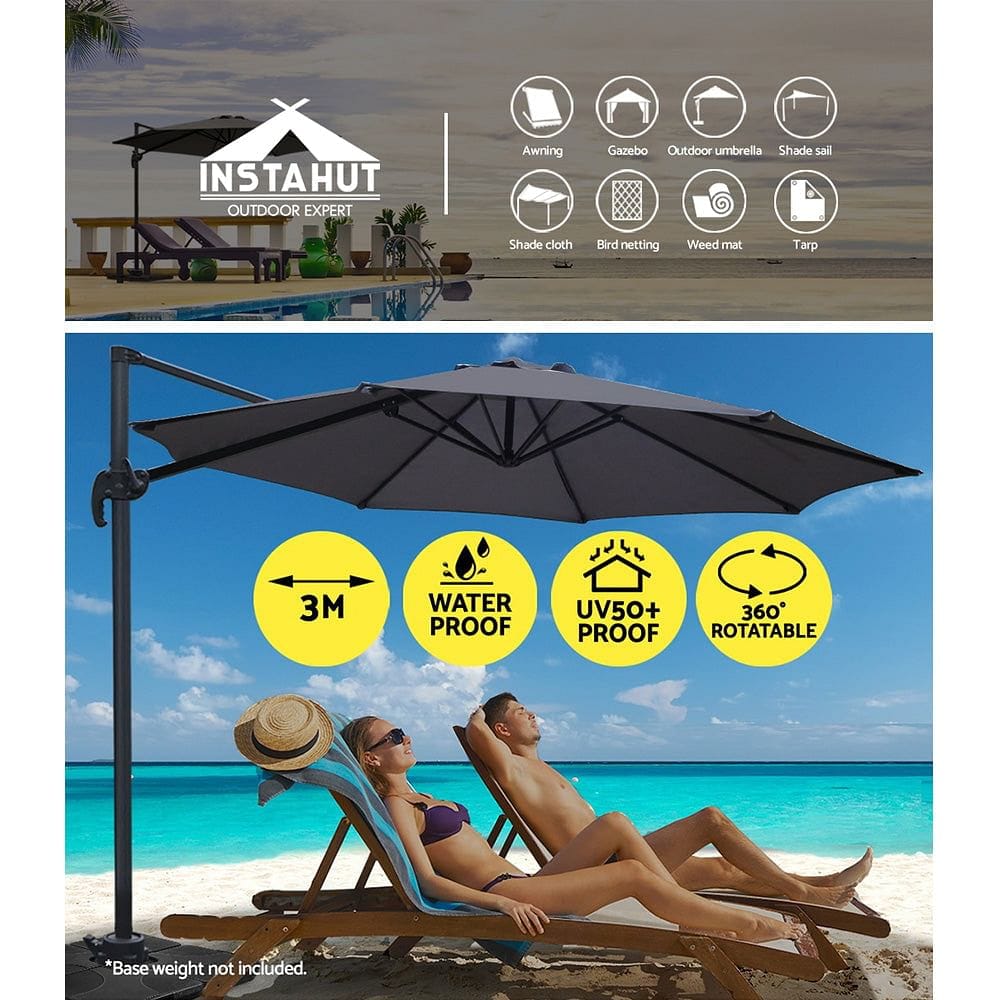 Instahut 3m Outdoor Umbrella Cantilever 360 Degree Tilt Beach Roma Charcoal