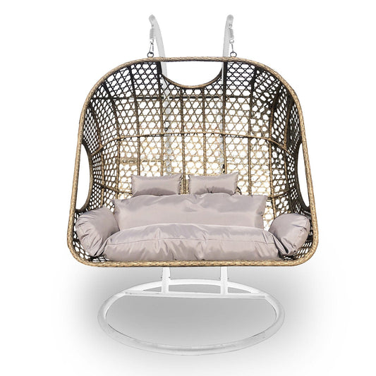 Arcadia Furniture 2 Seater Rocking Egg Chair Outdoor Wicker Rattan Patio Garden - Oatmeal and Grey