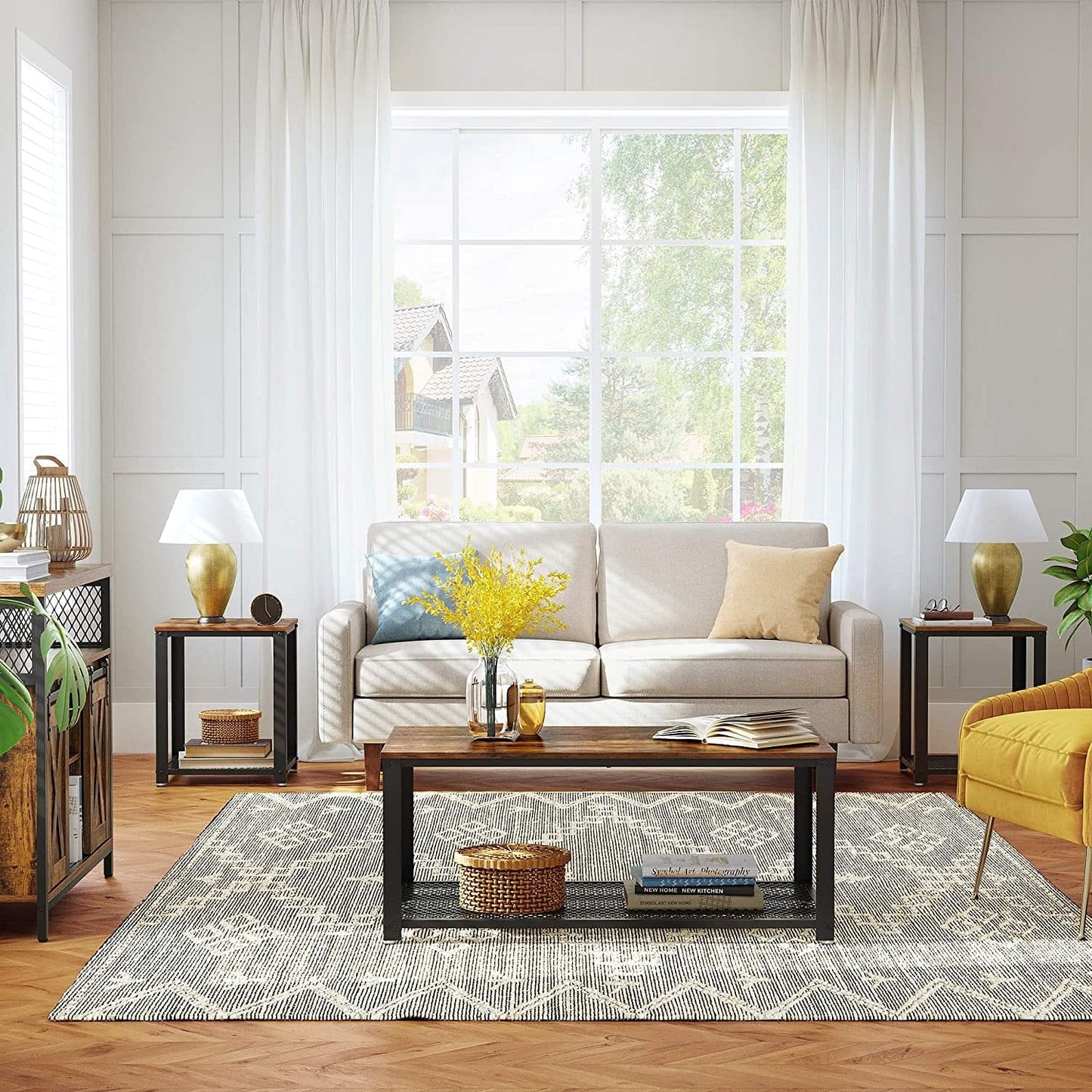 Coffee Table with Metal Frame Storage Shelf Rustic Brown