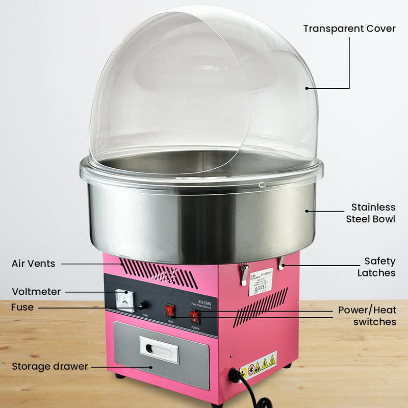 EUROCHEF 1000W Commercial Cotton Candy Machine Fairy Floss Maker with Transparent Shield