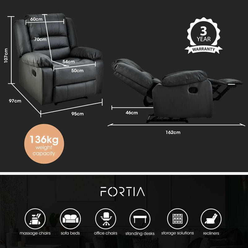 FORTIA Luxury Recliner Lounge Chair, Single Faux Leather Armchair, for Home Theatre Cinema, Elderly, Black