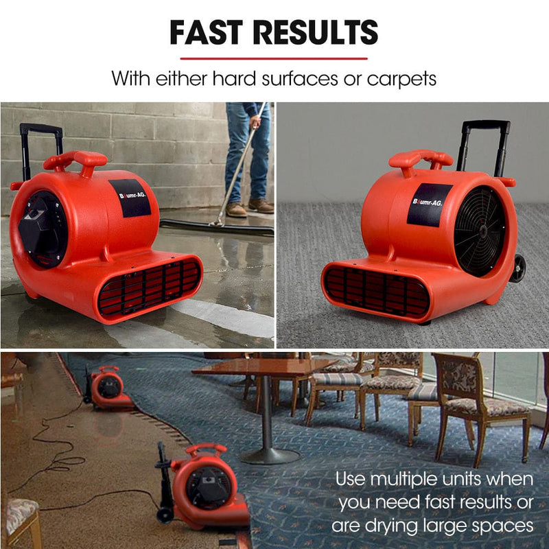 Baumr-AG 3-Speed Carpet Dryer Air Mover Blower Fan, 1400CFM, Sealed Copper Motor, Poly Housing, Telesscopic Handle and Wheels