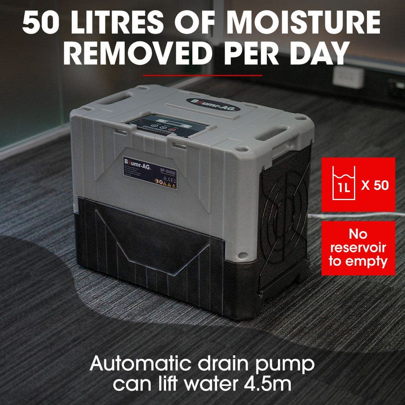 Baumr-AG 50L/day Commercial Air Dehumidifier for Mould, Portable, Stackable, LCD Display, Wheels