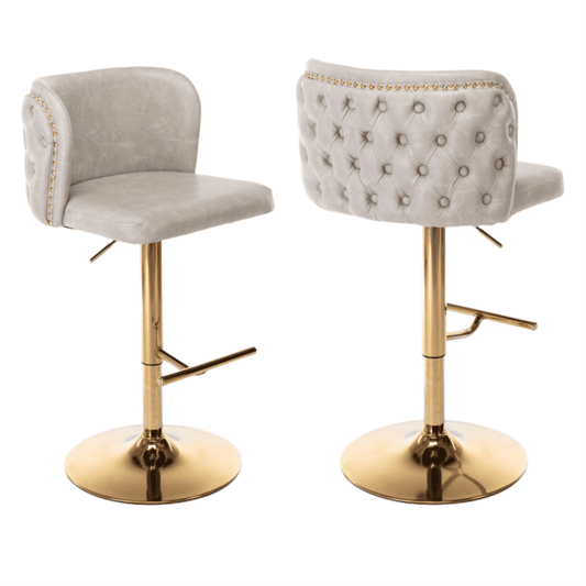 2x Faux Leather Golden Base Swivel Bar Stools- Beige