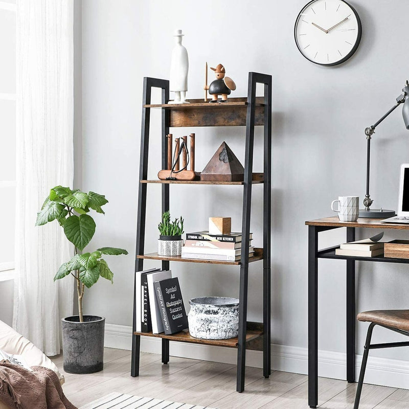 VASAGLE Ladder Shelf 4-Tier Home Office Bookshelf Metal Frame Industrial Rustic Brown and Black