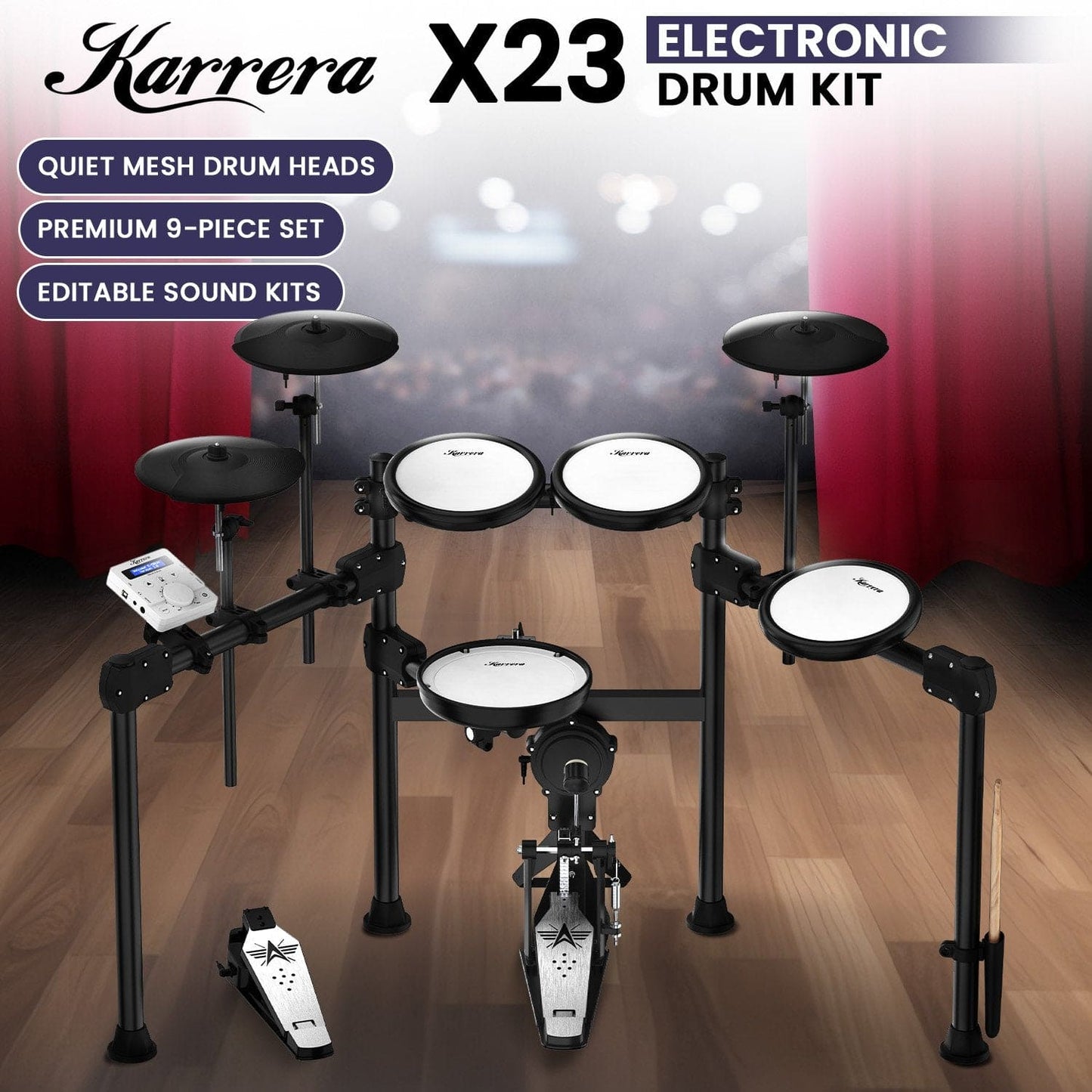 Karrera X23 Electronic Drum Kit with Sound Module, 3 Toms, Snare Quiet Mesh Drum Heads, Cymbals & Pedal