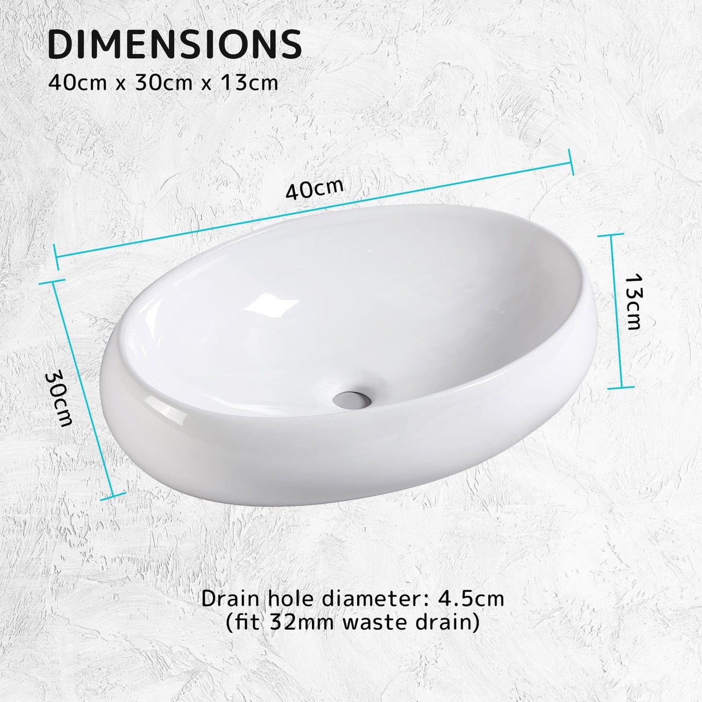 Muriel 40 x 30 x 13cm White Ceramic Bathroom Basin Vanity Sink Oval Above Counter Top Mount Bowl