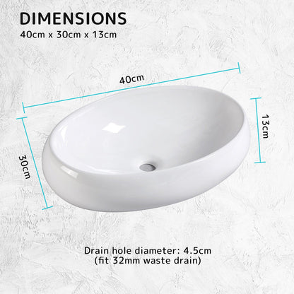 Muriel 40 x 30 x 13cm White Ceramic Bathroom Basin Vanity Sink Oval Above Counter Top Mount Bowl