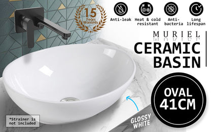Muriel 41 x 34 x 14.5cm White Ceramic Bathroom Basin Vanity Sink Oval Above Counter Top Mount Bowl