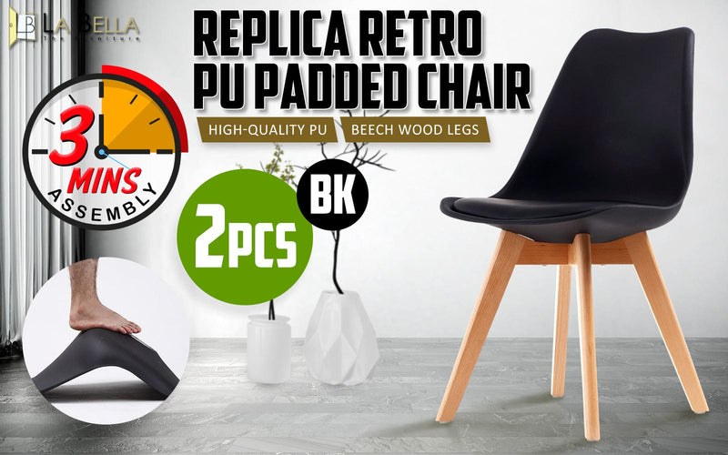 2X Retro Dining Cafe Chair Padded Seat BLACK