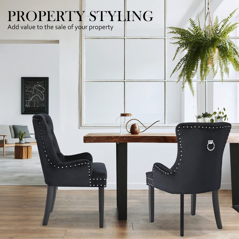 French Provincial Dining Chair Ring Studded Velvet Rubberwood Leg LISSE BLACK