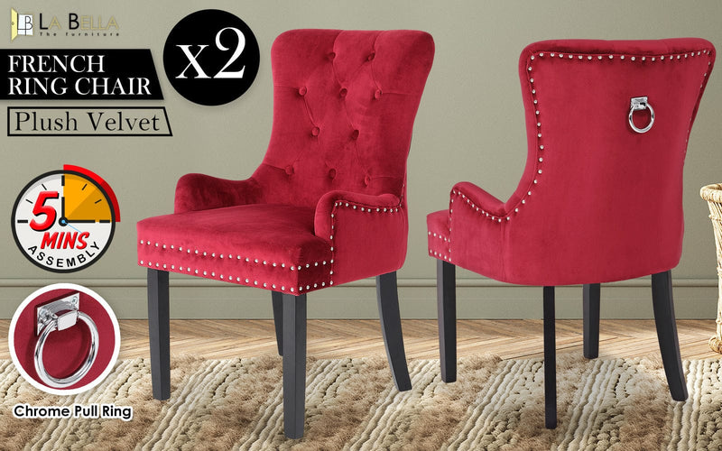 2X French Provincial Dining Chair Ring Studded Velvet Rubberwood Leg LISSE BORDEAUX RED