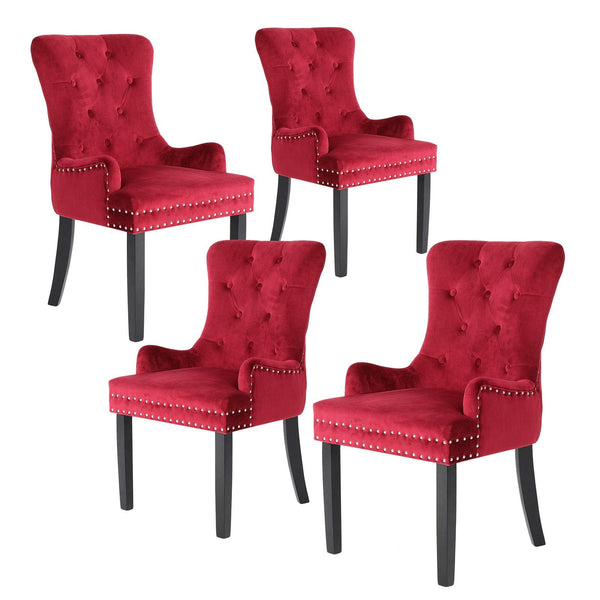4X French Provincial Dining Chair Ring Studded Velvet Rubberwood Leg LISSE BORDEAUX RED