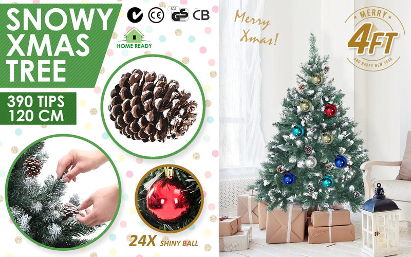 Snowy Christmas Tree Xmas Pine Cones 4Ft 120cm 390 tips + Bauble Balls
