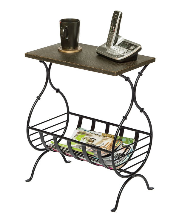 Black Iron Narrow Side Table with Magazine Storage and Gold Finish Top