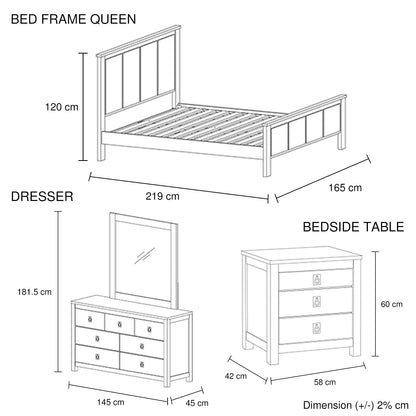 4 Pieces Bedroom Suite with Solid Acacia Wood Veneered Construction in Queen Size White Ash Colour Bed, Bedside Table & Dresser