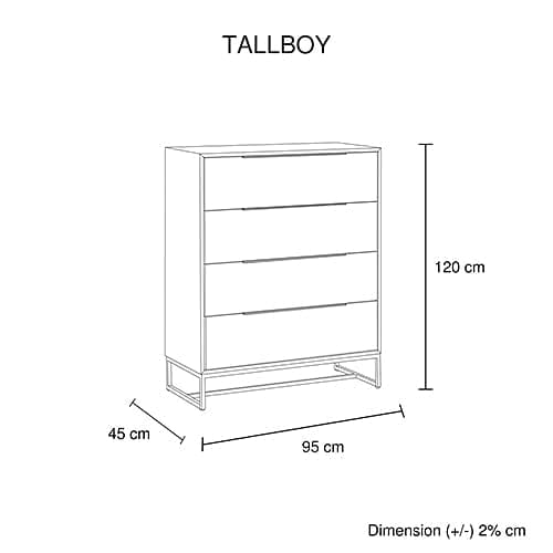 Tallboy with 4 Storage Drawers Assembled Solid Acacia Wooden Construction in Tea Colour