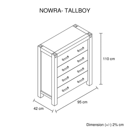 Tallboy with 4 Storage Drawers Solid Wooden Assembled in Chocolate Colour
