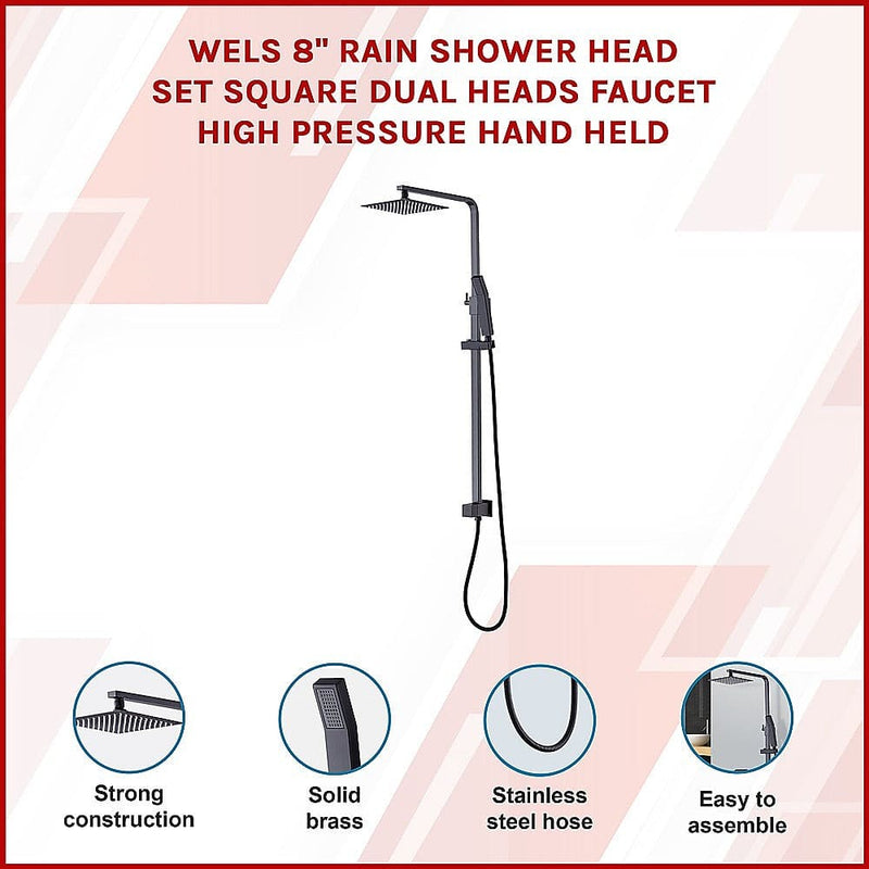WELS 8" Rain Shower Head Set Square Dual Heads Faucet High Pressure Hand Held
