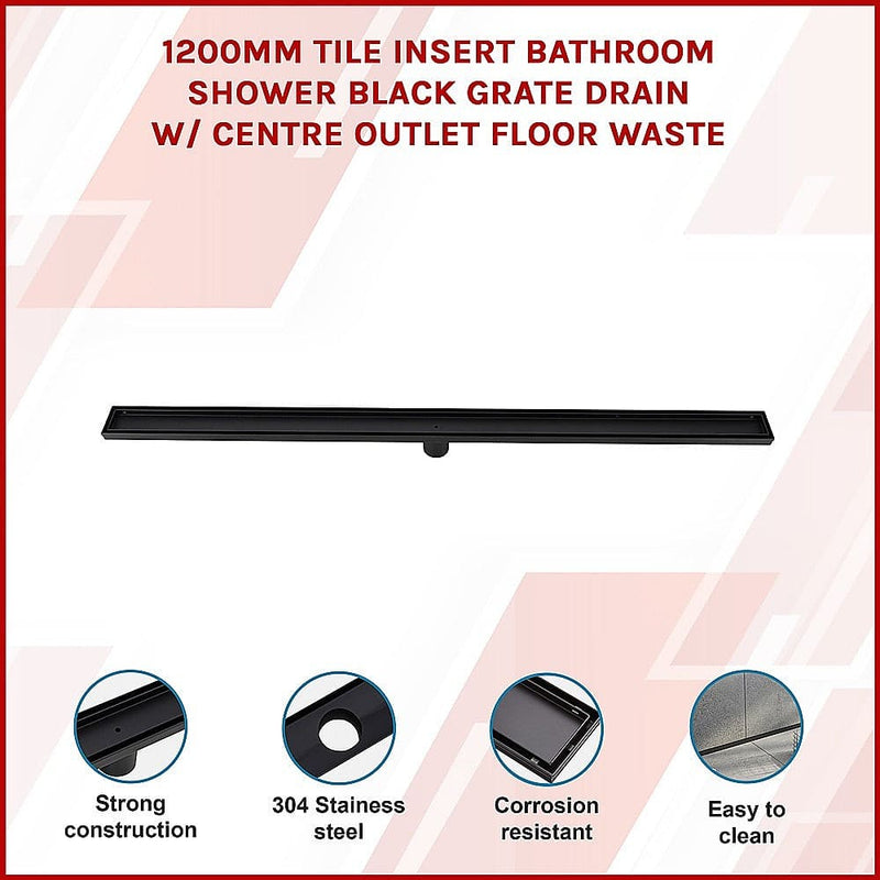 1200mm Tile Insert Bathroom Shower Black Grate Drain w/Centre outlet Floor Waste