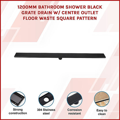 1200mm Bathroom Shower Black Grate Drain w/Centre outlet Floor Waste Square Pattern