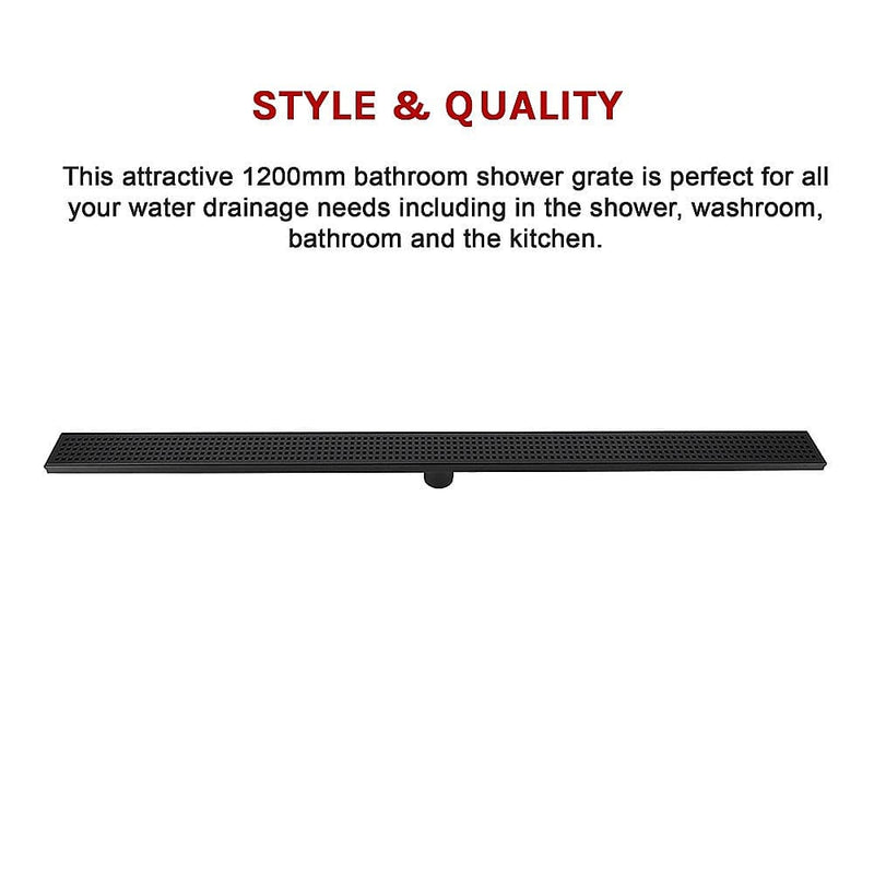 1200mm Bathroom Shower Black Grate Drain w/Centre outlet Floor Waste Square Pattern