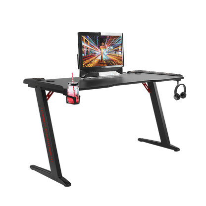LED Gaming Desk Computer Table with Cup Holder Headphone Hook Cable Hole