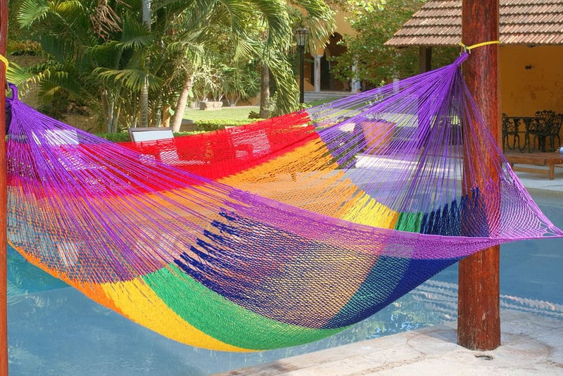 Mayan Legacy Queen Size Outdoor Cotton Mexican Hammock in Rainbow Colour